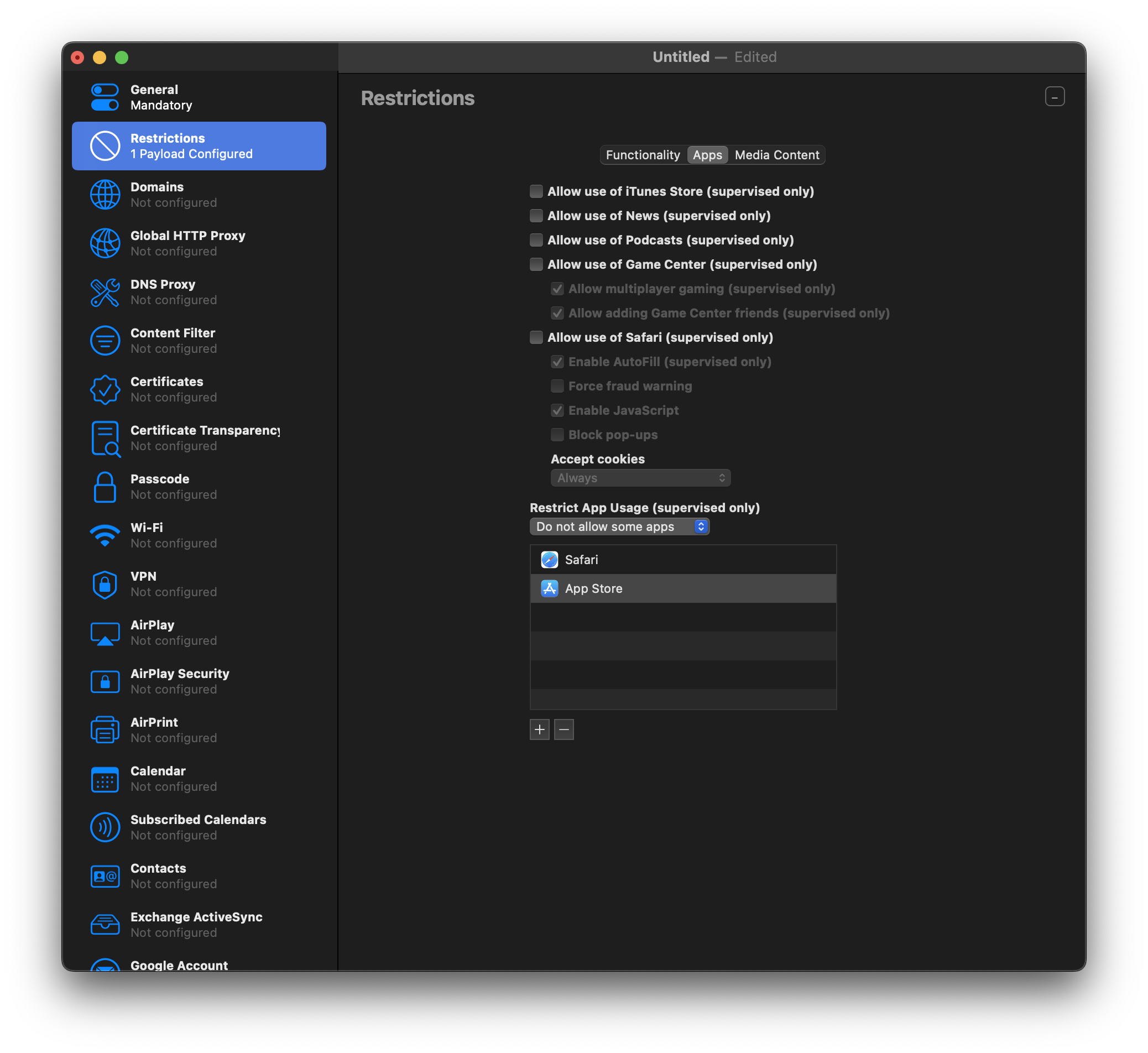 Blocked apps in Apple Configurator