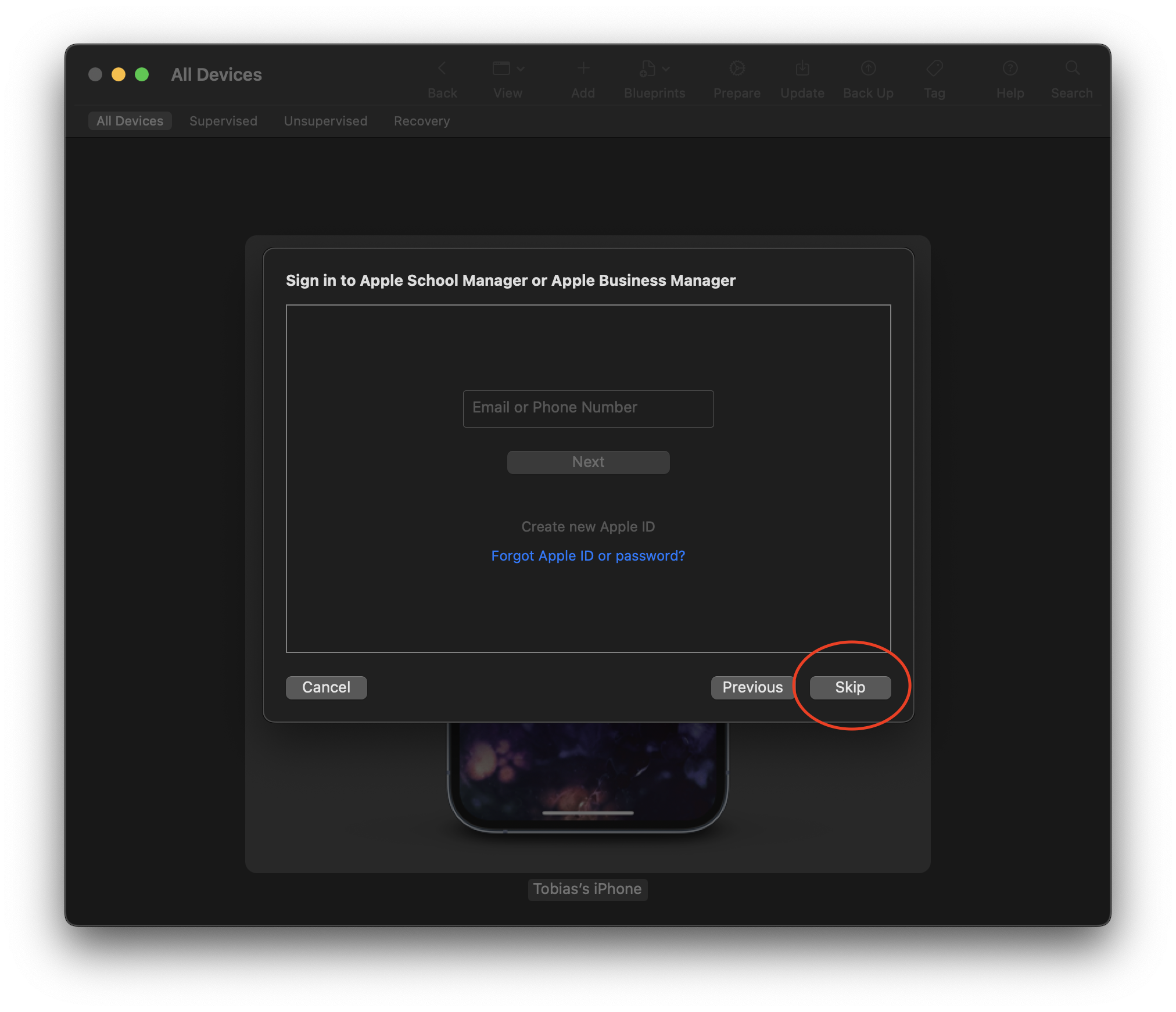 Skip the phone number or email step in Apple Configurator